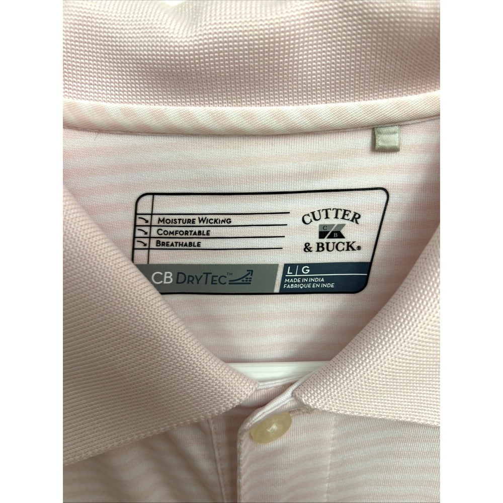 Cutter & Buck Polo Shirt Men's L Pink & White Stripe Dry Tec Moisture Wicking - Picture 3 of 4